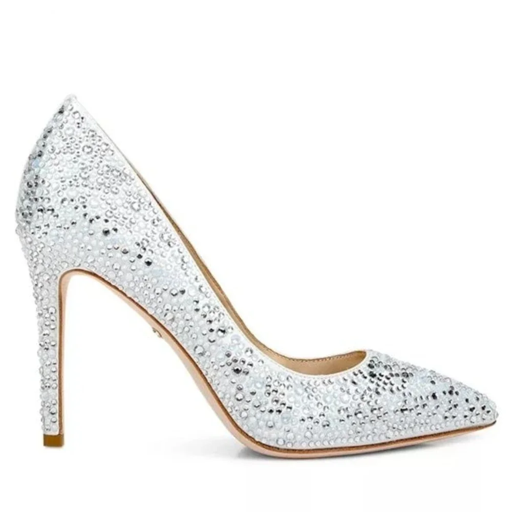 Badgley Mischka Size 8 Bethany Jeweled Stiletto White Satin Pumps Heels Shoes